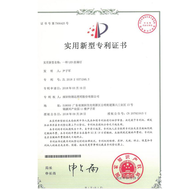 Utility Model Patent Certificate (A LED Wash Wall Lamp）