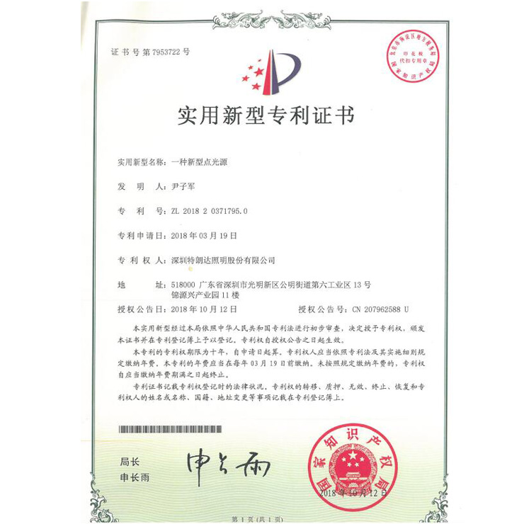 Utility Model Patent Certificate (A New Type Of Point Source)